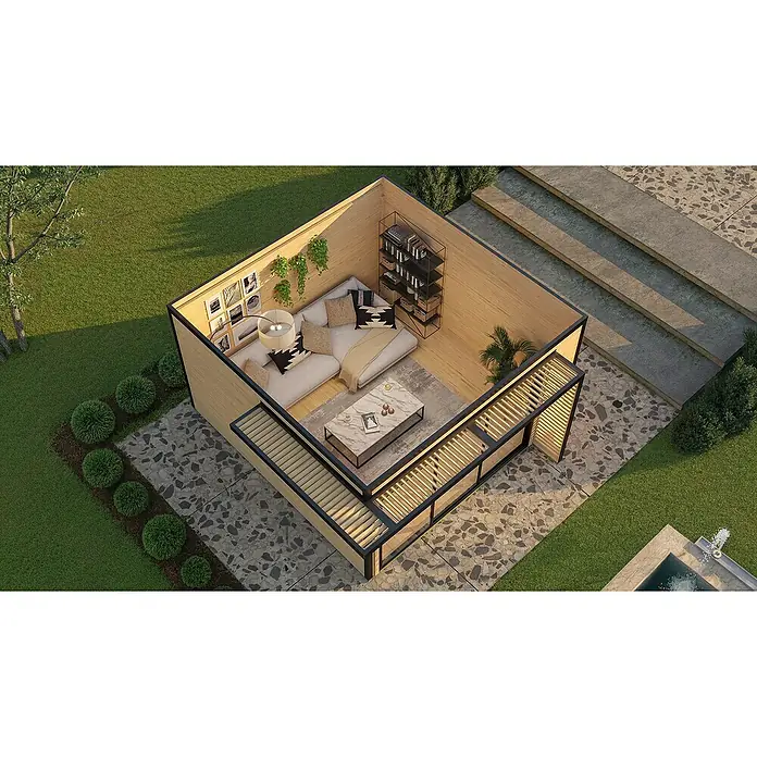 Weka Gartenhaus Pure Garden Amberley - Außenmaß inkl. Dachüberstand (B x T): 450 x 455 cm, Holz, Graugrün, Ohne zusätzliches Fenster - Modernes Gartenhaus mit Holz- und Schwarzrahmen, gemütlicher Wohnraum mit Sofa und Pflanzen in Gartenlandschaft.
