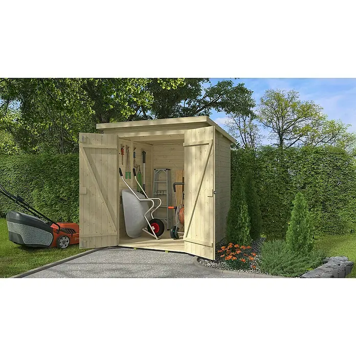 Weka Gerätehaus Mori - Außenmaß inkl. Dachüberstand (B x T): 183 x 189 cm, Holz, Naturbelassen - Helles Holzgartenhaus mit Doppeltüren offen, das Gartengeräte und eine Schubkarre im Inneren zeigt. Ein Rasenmäher steht draußen auf dem Gras.