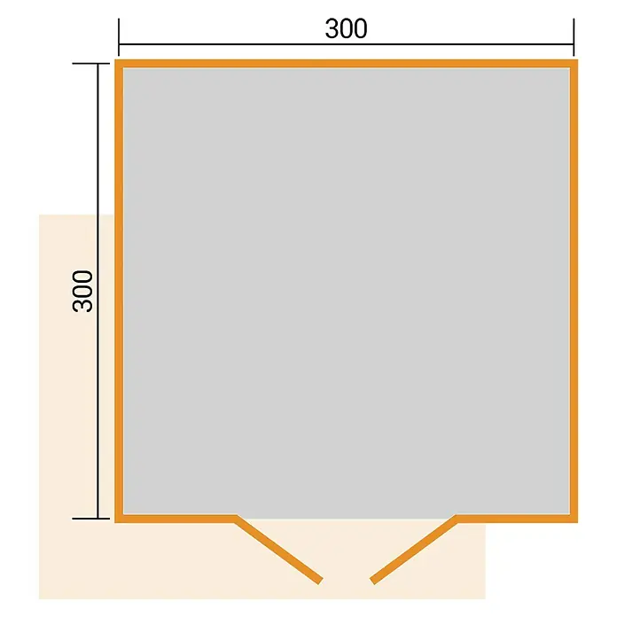 Weka Gartenhaus Pure Garden Amberley - Außenmaß inkl. Dachüberstand (B x T): 350 x 353 cm, Holz, Naturbelassen, Ohne Fenster - Quadratischer Grundriss mit V-förmigem Ausschnitt unten, graue Fläche, orange Umrandung, 300x300 Maße.