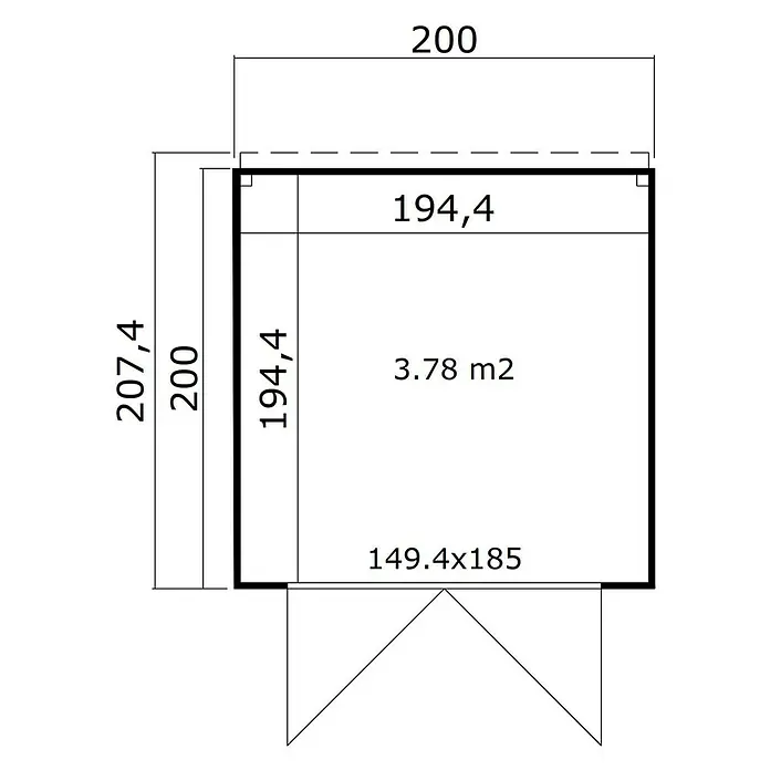 Weka Gerätehaus Batu Stella 1 - Außenmaß inkl. Dachüberstand (B x T): 200 x 207,4 cm, Holz, Naturbelassen - Technische Zeichnung eines Schuppengrundrisses mit Außenmaßen (200x207,4 cm) und Innenfläche (3,78 m²).