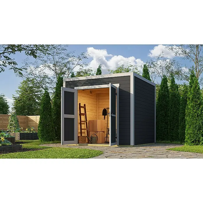 Weka Gerätehaus Batu Stella - Außenmaß inkl. Dachüberstand (B x T): 250 x 207,4 cm, Holz, Dunkelgrau - Dunkelgraues Gartenhaus mit weißem Rahmen, offen mit hellem Holzinterieur, Gartengeräten, Leiter und Kartons, in einem grünen Garten.