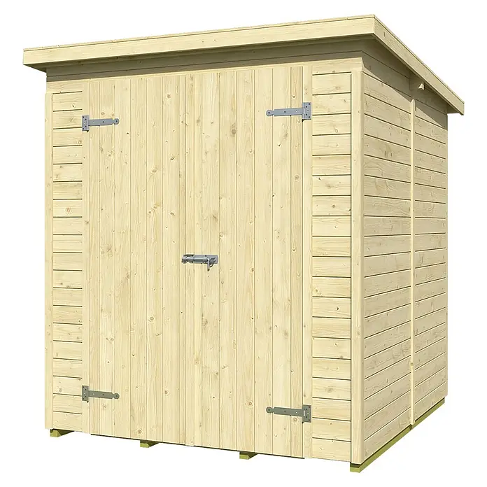 Weka Gerätehaus Mori - Außenmaß inkl. Dachüberstand (B x T): 183 x 189 cm, Holz, Naturbelassen - Heller Holz-Gartenschuppen mit Metallscharnieren und -riegel.