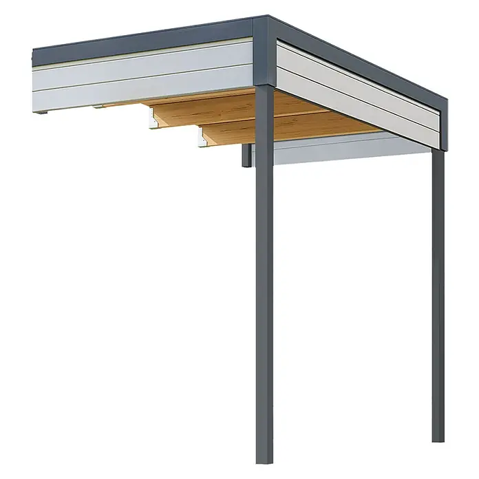 Weka Gerätehaus-Anbau Batu - Außenmaß inkl. Dachüberstand (B x T): 150 x 257,5 cm, Holz, Hellgrau, Passend für: Weka Gerätehäusern Batu Stella und Nika 2 - Moderne Terrassenüberdachung mit grauem Rahmen, weißen Seitenpaneelen und Holzunterseite, auf zwei Pfosten gestützt.