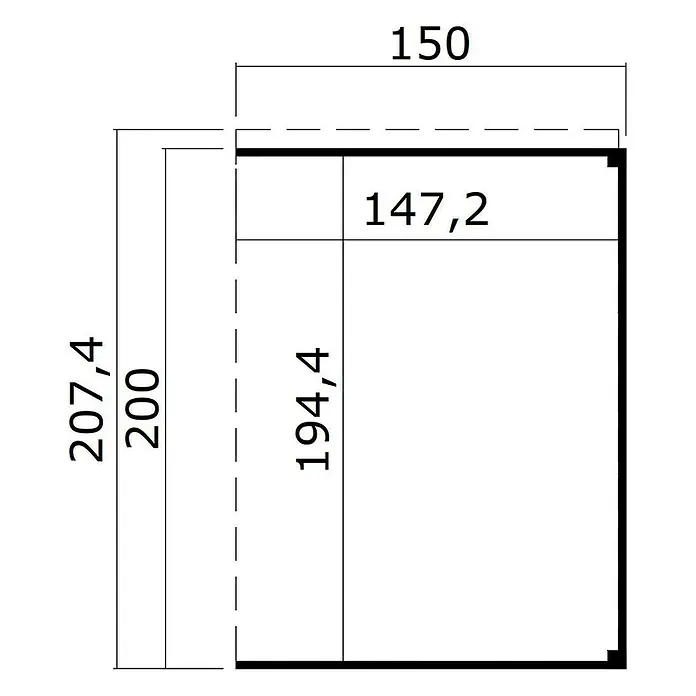 Weka Gerätehaus-Anbau Batu - Außenmaß inkl. Dachüberstand (B x T): 150 x 207,4 cm, Holz, Hellgrau, Passend für: Weka Gerätehaus Batu Stella/Nika 1 - Technische Zeichnung mit Bauteilabmessungen.