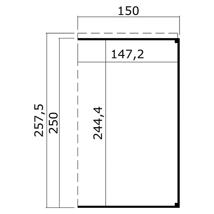 Weka Gerätehaus-Anbau Batu - Außenmaß inkl. Dachüberstand (B x T): 150 x 257,5 cm, Holz, Dunkelgrau, Passend für: Weka Gerätehäusern Batu Stella und Nika 2 - Technische Zeichnung eines rechteckigen Bauteils mit detaillierten Maßen.