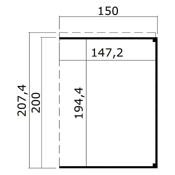 Weka Gerätehaus-Anbau Batu - Außenmaß inkl. Dachüberstand (B x T): 150 x 207,4 cm, Holz, Naturbelassen, Passend für: Weka Gerätehaus Batu Stella/Nika 1 - Technische Zeichnung eines rechteckigen Objekts mit Abmessungen 150, 207,4, 147,2, 200 und 194,4.