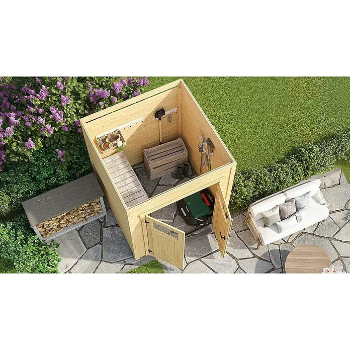 Weka Gerätehaus Batu Nika 1 - Außenmaß inkl. Dachüberstand (B x T): 200 x 207,4 cm, Holz, Naturbelassen - Hölzerner Gartenschrank mit offenen Türen, enthält Gartengeräte, einen Mähroboter und Holzscheite.