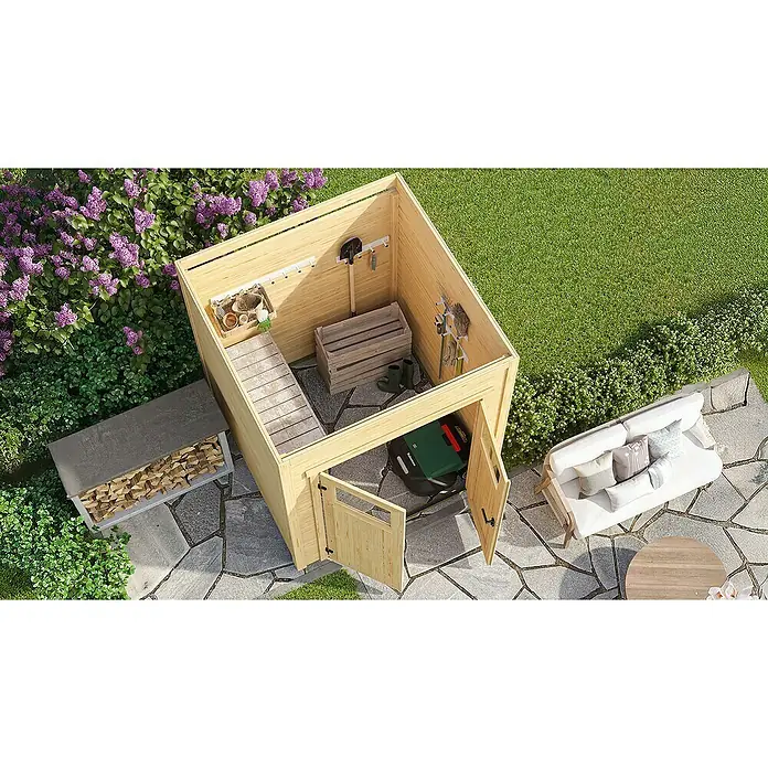 Weka Gerätehaus Batu Nika 1 - Außenmaß inkl. Dachüberstand (B x T): 200 x 207,4 cm, Holz, Hellgrau - Draufsicht auf einen offenen Geräteschuppen aus Holz zur Aufbewahrung von Gartengeräten, Mähroboter und Brennholz auf einer Steinterrasse.