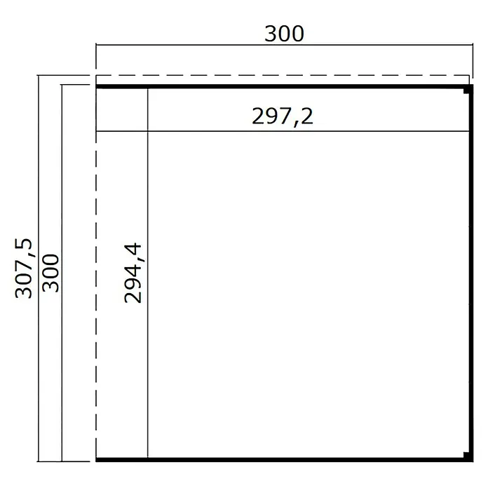 Weka Gerätehaus-Anbau Batu - Außenmaß inkl. Dachüberstand (B x T): 300 x 304,6 cm, Holz, Dunkelgrau, Passend für: Weka Gerätehäuser Batu Stella und Nika 3 - Technische Zeichnung eines rechteckigen Paneels mit Maßen 300 mm Breite und 307,5 mm Höhe, inklusive Innemaße.
