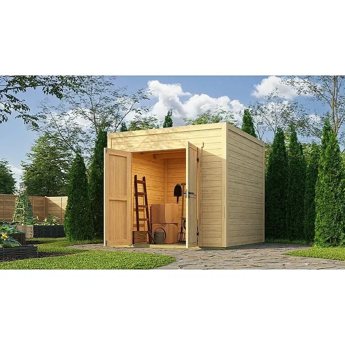 Weka Gerätehaus Batu Stella 2 - Außenmaß inkl. Dachüberstand (B x T): 250 x 257,5 cm, Holz, Naturbelassen - Helles Gartenhaus aus Holz mit geöffneten Türen, Gartengeräte zeigend. Im Garten platziert.