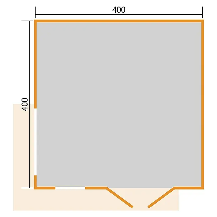 Weka Gartenhaus Pure Garden Amberley - Außenmaß inkl. Dachüberstand (B x T): 450 x 455 cm, Holz, Graugrün, Mit Fenster - Grundriss eines quadratischen 400x400 Raumes mit Türöffnung unten.