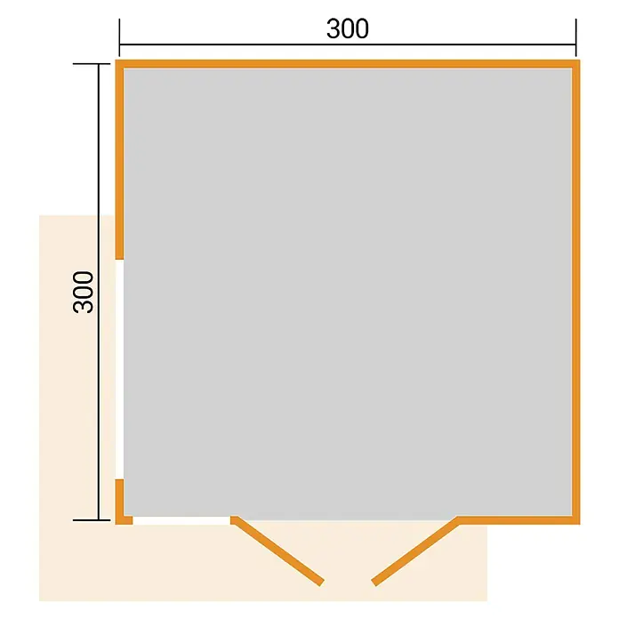 Weka Gartenhaus Pure Garden Amberley - Außenmaß inkl. Dachüberstand (B x T): 350 x 353 cm, Holz, Graugrün, Mit Fenster - Grundriss eines 300x300 Raumes mit grauem Boden, orangefarbenen Wänden und schrägem Eingang.
