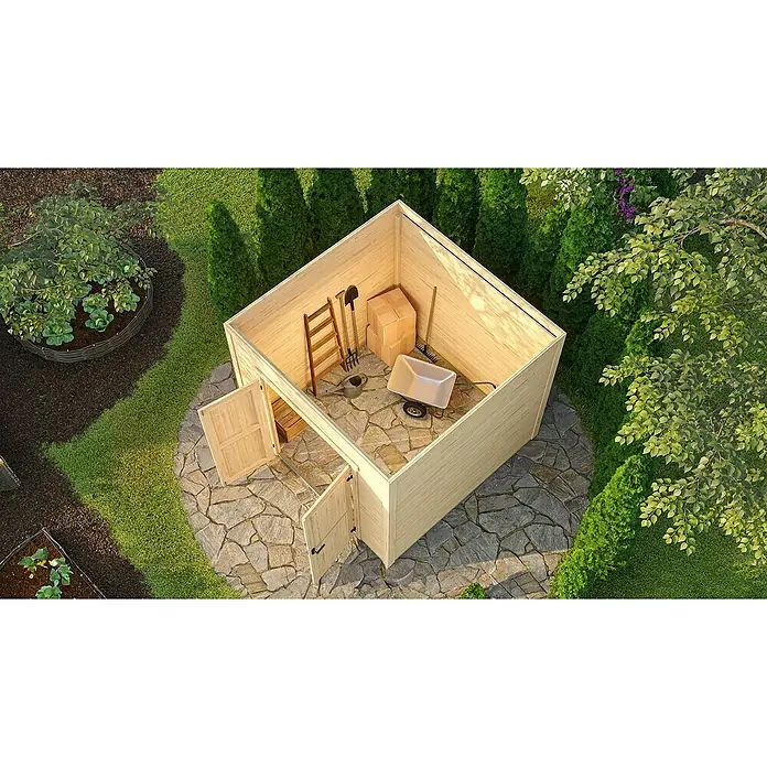 Weka Gerätehaus Batu Stella 2 - Außenmaß inkl. Dachüberstand (B x T): 250 x 257,5 cm, Holz, Dunkelgrau - Heller Holz-Gartenschuppen mit offenen Türen, beherbergt Gartengeräte, in einem grünen Garten.