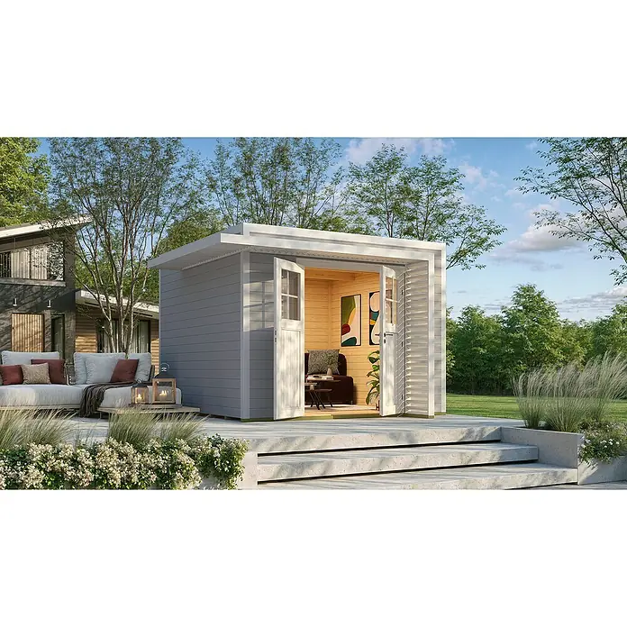 Weka Gartenhaus Pure Garden Amberley - Außenmaß inkl. Dachüberstand (B x T): 350 x 353 cm, Holz, Grau/Weiß, Ohne Fenster - Moderner grauer Gartenhaus mit weißem Rahmen und gemütlichem Holzinterieur, offen auf einer Terrasse.