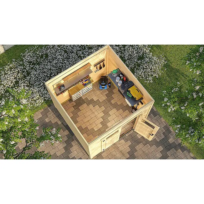 Weka Gerätehaus Batu Nika 1,5 - Außenmaß inkl. Dachüberstand (B x T): 250 x 207,4 cm, Holz, Naturbelassen - Offener Geräteschuppen aus hellem Holz, von oben gesehen, mit organisierten Regalen, Staubsauger, Fräse und Gartengeräten auf Pflastersteinen.