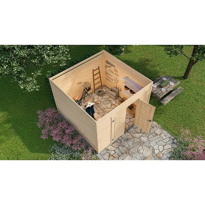 Weka Gerätehaus Batu Stella 3 - Außenmaß inkl. Dachüberstand (B x T): 300 x 304,6 cm, Holz, Naturbelassen - Offener Holzgartenschuppen für Werkzeuge, Fahrrad und Roller, in einem grünen Garten mit Steinweg.