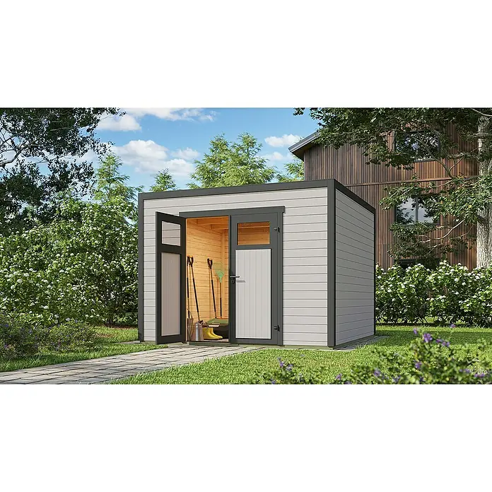 Weka Gerätehaus Batu Nika 3 - Außenmaß inkl. Dachüberstand (B x T): 300 x 304,6 cm, Holz, Hellgrau - Hellgrauer Gartenschuppen mit dunklem Rahmen und geöffneter Tür, Werkzeuge.