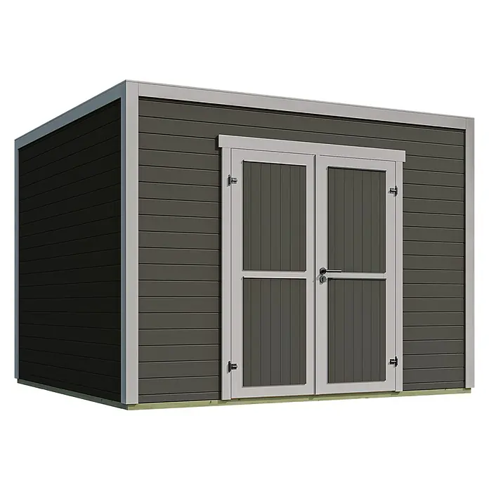 Weka Gerätehaus Batu Stella 3 - Außenmaß inkl. Dachüberstand (B x T): 300 x 304,6 cm, Holz, Dunkelgrau - Dunkelgraues Gartenhaus mit hellgrauen Türen und Zierleisten.