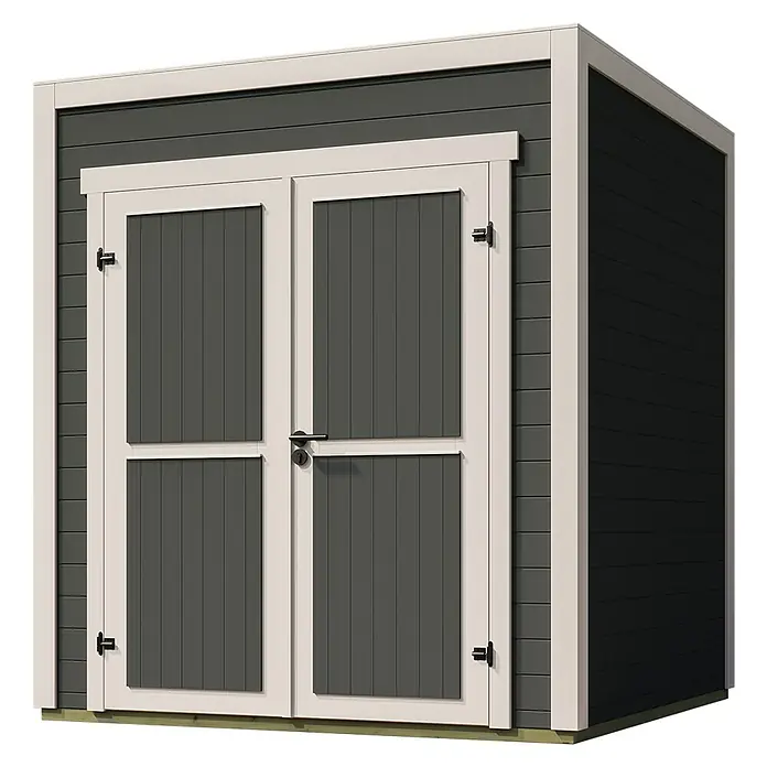 Weka Gerätehaus Batu Stella 1 - Außenmaß inkl. Dachüberstand (B x T): 200 x 207,4 cm, Holz, Dunkelgrau - Kompaktes Gartenhaus mit dunkelgrauer Verkleidung und cremefarbenen Doppeltüren, mit schwarzen Beschlägen.