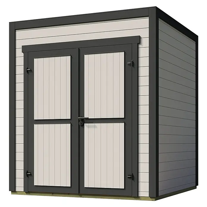 Weka Gerätehaus Batu Stella 1 - Außenmaß inkl. Dachüberstand (B x T): 200 x 207,4 cm, Holz, Hellgrau - Kompakter Gartenschuppen mit hell- und dunkelgrauen Paneelen und Doppeltüren.