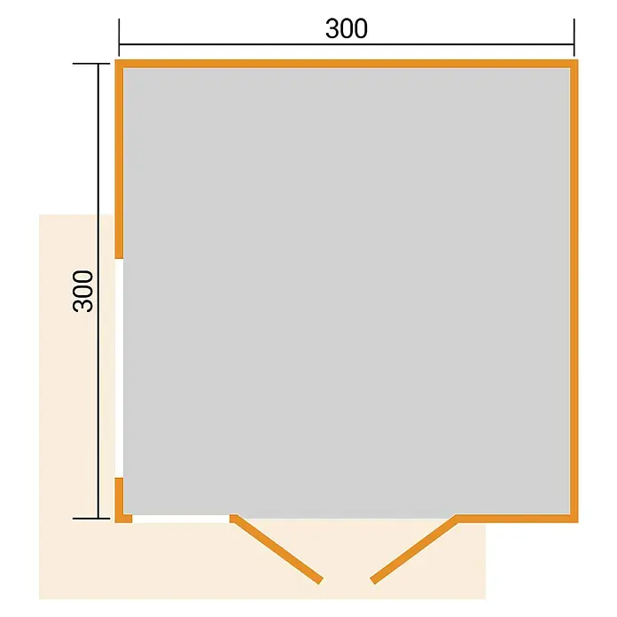 Weka Gartenhaus Pure Garden Amberley - Außenmaß inkl. Dachüberstand (B x T): 350 x 353 cm, Holz, Naturbelassen, Mit Fenster - Grundrissansicht eines quadratischen Raumes in Grau mit orangefarbenen Umrissen, 300x300 Maßen und Eckzugang.
