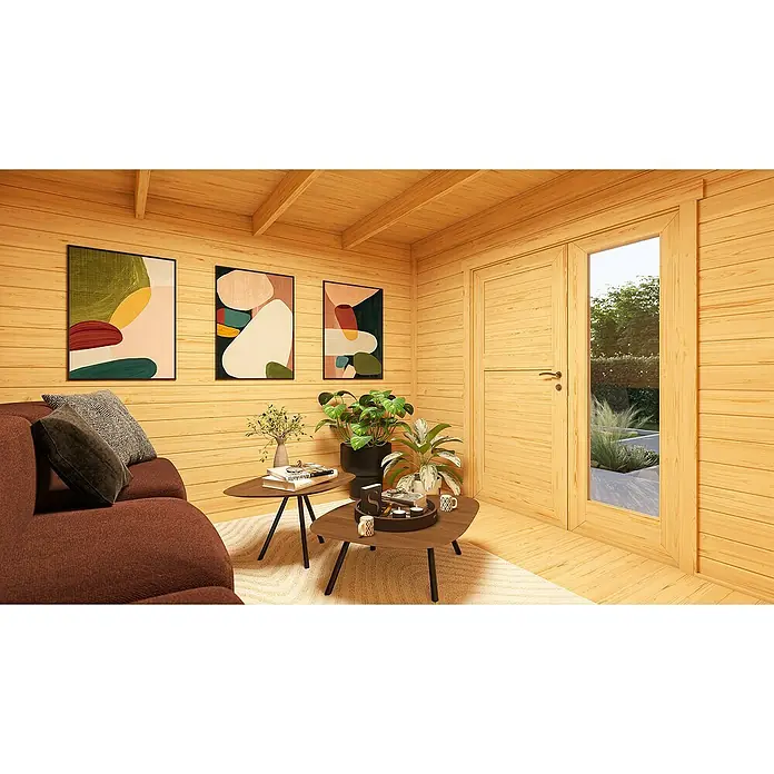 Weka Gartenhaus Pure Garden Amberley - Außenmaß inkl. Dachüberstand (B x T): 350 x 353 cm, Holz, Grau/Weiß, Mit 1,5-facher Doppeltür - Gemütliches Holzhütten-Interieur mit rotem Sofa, Couchtischen, Pflanzen und Kunst, mit einer Glastür.