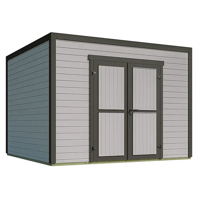Weka Gerätehaus Batu Stella 3 - Außenmaß inkl. Dachüberstand (B x T): 300 x 304,6 cm, Holz, Hellgrau - Moderner Geräteschuppen mit hellgrauen und blaugrauen Lamellenwänden, dunkelgrauem Rahmen und Doppeltüren.