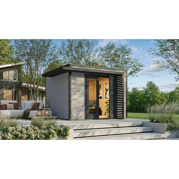 Weka Gartenhaus Pure Garden Amberley - Außenmaß inkl. Dachüberstand (B x T): 350 x 353 cm, Holz, Grau/Anthrazit, Mit 1,5-facher Doppeltür - Modernes graues Gartenhaus mit Holzwänden auf Terrasse, als Außenwohnraum genutzt.