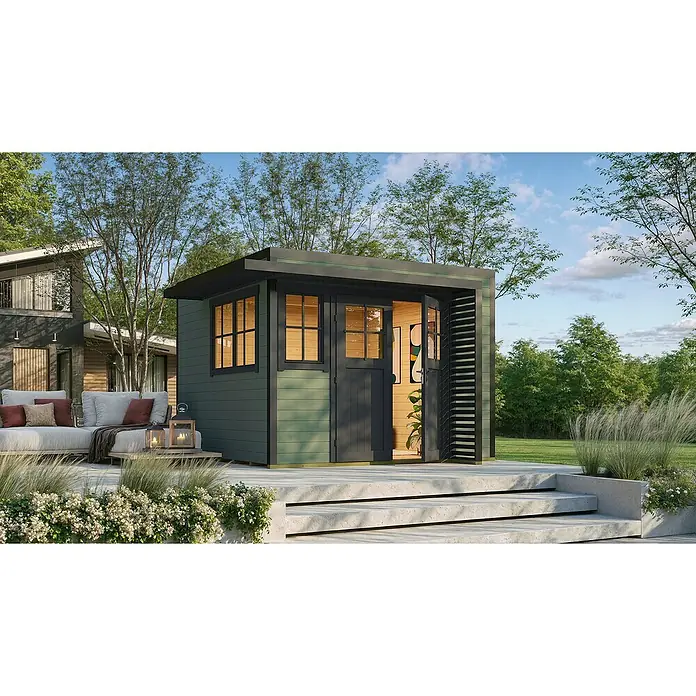 Weka Gartenhaus Pure Garden Amberley - Außenmaß inkl. Dachüberstand (B x T): 350 x 353 cm, Holz, Graugrün, Mit Fenster - Moderner, dunkelgrüner Gartenschuppen mit schwarzem Rand und offenen Türen auf einer Betonterrasse in einem Garten.
