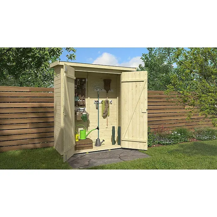 Weka Gerätehaus Mori - Außenmaß inkl. Dachüberstand (B x T): 195 x 84 cm, Holz, Naturbelassen - Gartenhaus aus hellem Holz mit geöffneten Doppeltüren, das diverse Gartengeräte im Inneren zeigt, in einem Garten.