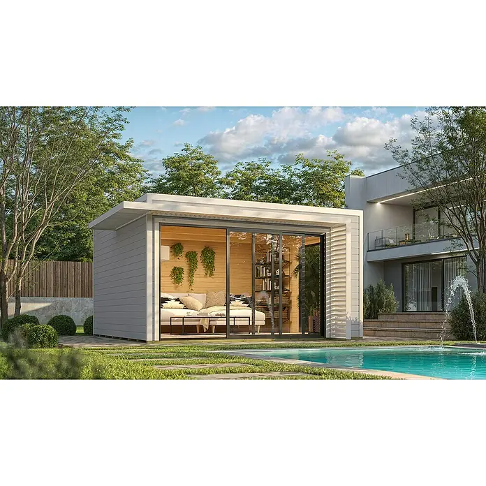 Weka Gartenhaus Pure Garden Amberley - Außenmaß inkl. Dachüberstand (B x T): 450 x 455 cm, Holz, Grau/Weiß, Mit zusätzlichem Fenster - Moderner hellgrauer Gartenraum mit Holzwänden und Glasschiebetüren am Pool.