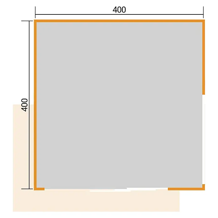 Weka Gartenhaus Pure Garden Amberley - Außenmaß inkl. Dachüberstand (B x T): 450 x 455 cm, Holz, Naturbelassen, Mit zusätzlichem Fenster - Graues Quadrat mit orangefarbenem Rahmen, Maße 400x400.