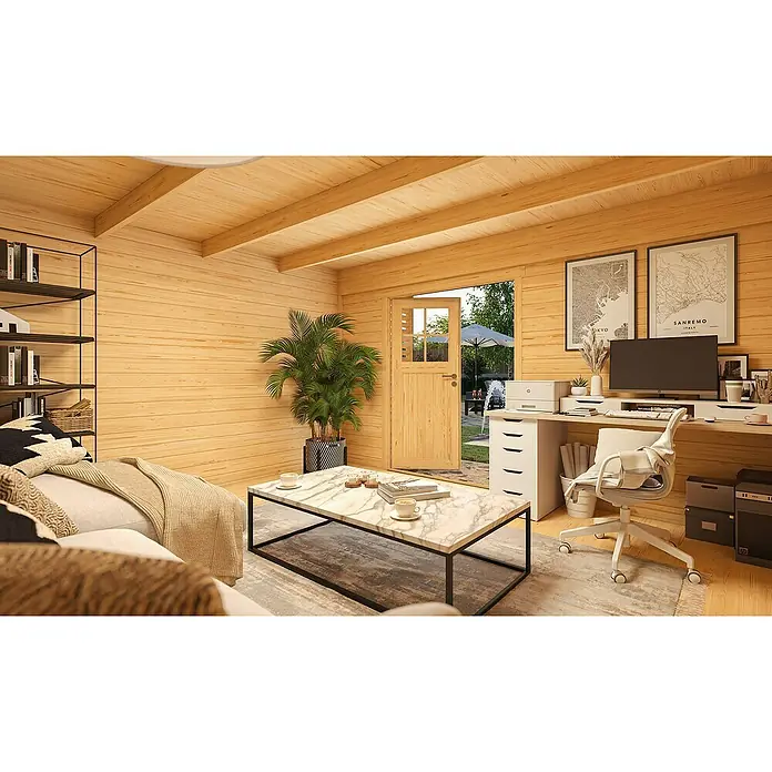 Weka Gartenhaus Pure Garden Amberley - Außenmaß inkl. Dachüberstand (B x T): 450 x 455 cm, Holz, Grau/Weiß, Mit Fenster - Holzgartenhaus-Interieur mit hellen Holzplankenwänden, sichtbaren Balken und offener Tür zum Garten.