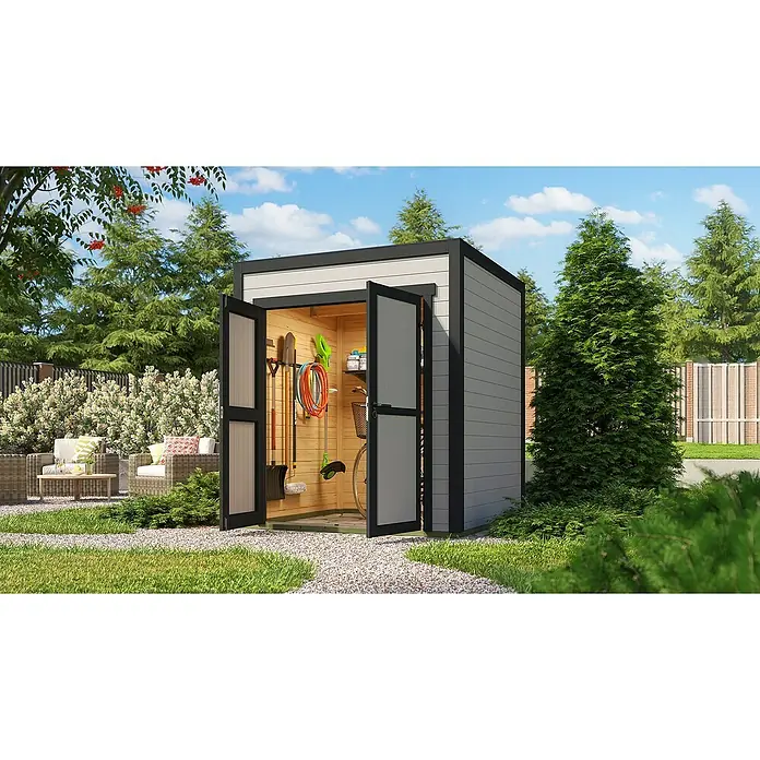 Weka Gerätehaus Batu Stella 1 - Außenmaß inkl. Dachüberstand (B x T): 200 x 207,4 cm, Holz, Hellgrau - Moderner grau-weißer Gartenschuppen mit offenen Türen, der Gartengeräte und ein Fahrrad im Inneren zeigt, in einem sonnigen Garten.