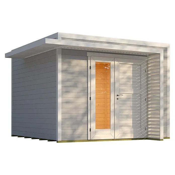 Weka Gartenhaus Pure Garden Amberley - Außenmaß inkl. Dachüberstand (B x T): 350 x 353 cm, Holz, Grau/Weiß, Mit 1,5-facher Doppeltür - Moderner hellgrauer Holzgeräteschuppen mit Flachdach und Tür mit Glaseinsatz.