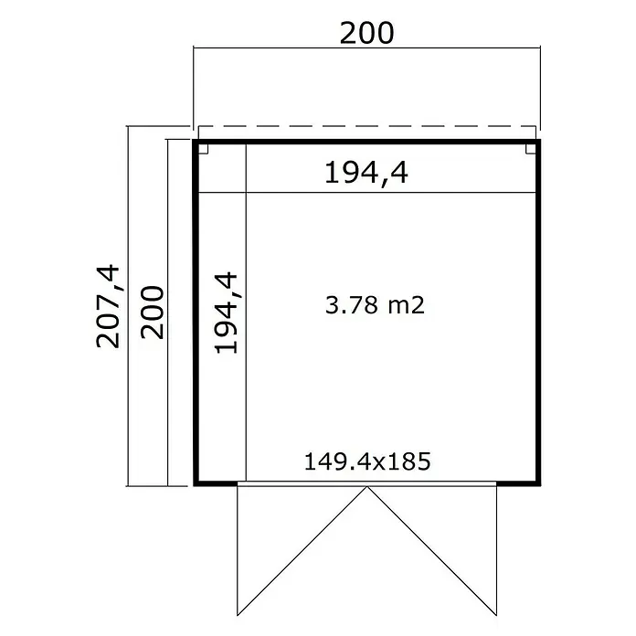 Weka Gerätehaus Batu Nika 1 - Außenmaß inkl. Dachüberstand (B x T): 200 x 207,4 cm, Holz, Dunkelgrau - Grundrisszeichnung mit Gesamtmaßen und Innenmaßen für eine Struktur, einschließlich einer Fläche von 3,78 m².