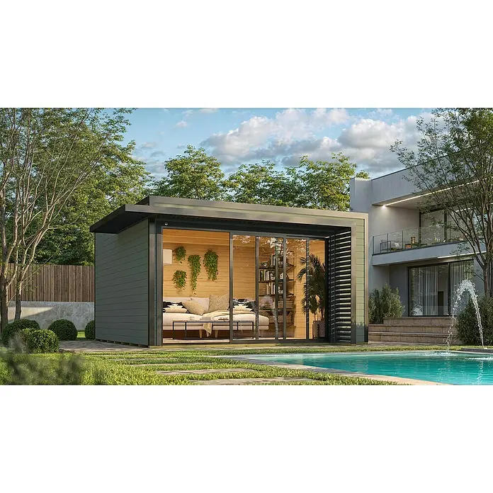Weka Gartenhaus Pure Garden Amberley - Außenmaß inkl. Dachüberstand (B x T): 450 x 455 cm, Holz, Graugrün, Ohne zusätzliches Fenster - Moderner, dunkelgrüner Gartenraum mit Glasschiebetüren und Holzinterieur, am Pool in einem Landschaftsgarten gelegen.