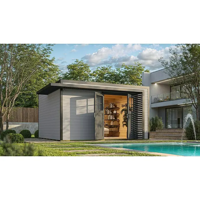 Weka Gartenhaus Pure Garden Amberley - Außenmaß inkl. Dachüberstand (B x T): 450 x 455 cm, Holz, Grau/Anthrazit, Ohne Fenster - Moderner grauer Gartenpavillon mit schwarzen Akzenten, Holzausstattung, offenen Türen und Regalen, am Pool.