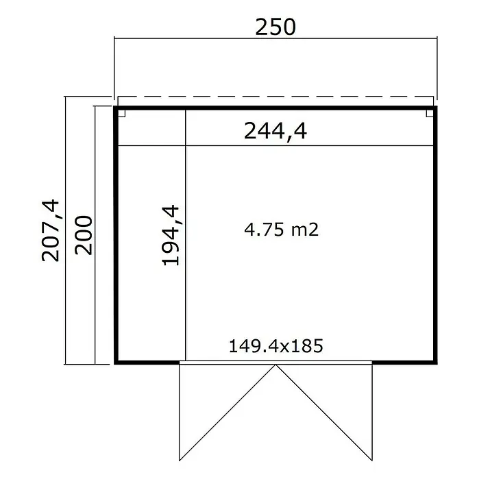 Weka Gerätehaus Batu Stella - Außenmaß inkl. Dachüberstand (B x T): 250 x 207,4 cm, Holz, Dunkelgrau - Technische Zeichnung eines Schuppen-Grundrisses mit Außenmaßen von 250x207,4 und einer Innenfläche von 4,75 m2. Inklusive Türöffnungsdetails.
