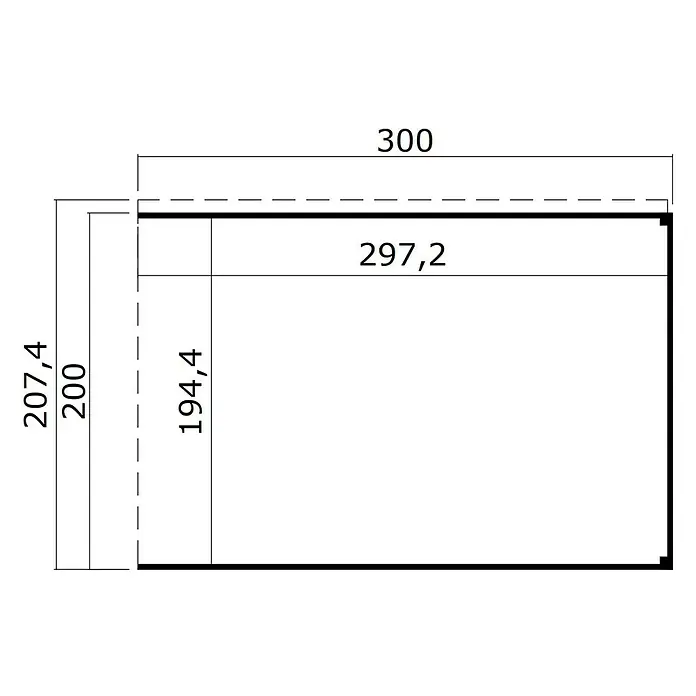 Weka Gerätehaus-Anbau Batu - Außenmaß inkl. Dachüberstand (B x T): 300 x 207,4 cm, Holz, Hellgrau, Passend für: Weka Gerätehaus Batu Stella/Nika 1 - Technische Zeichnung eines rechteckigen Paneels mit Gesamtmaßen und internen Abmessungen wie 300, 297,2, 207,4, 194,4.