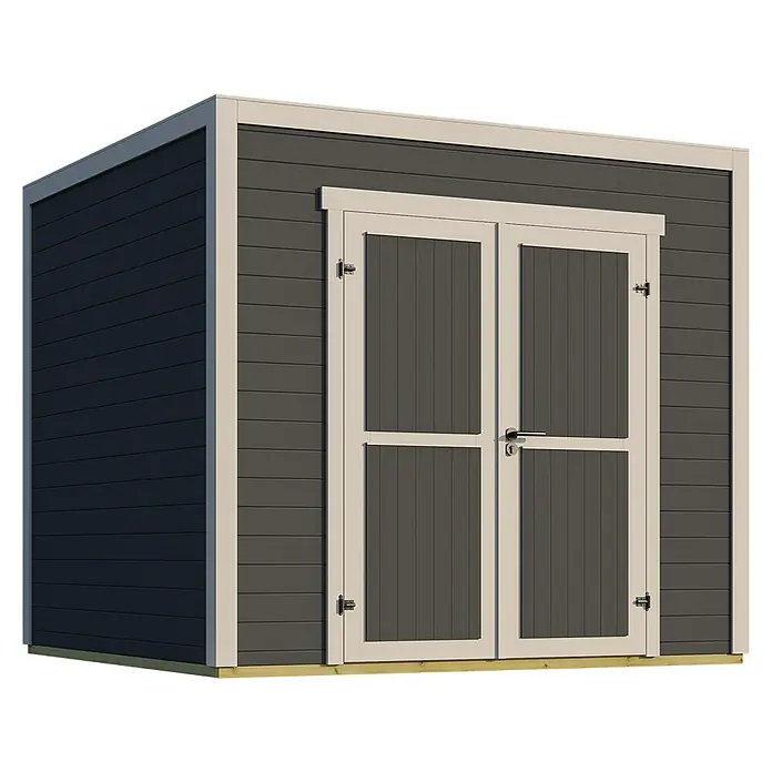 Weka Gerätehaus Batu Stella - Außenmaß inkl. Dachüberstand (B x T): 250 x 207,4 cm, Holz, Dunkelgrau - Dunkelgraues Gartenhaus mit hellbeigen Doppeltüren und Verkleidung, auf Holzsockel.