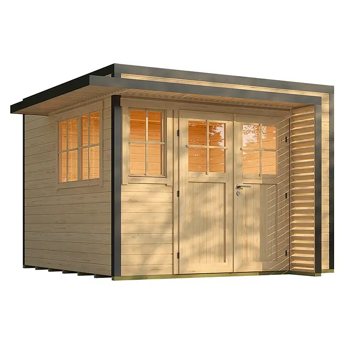Weka Gartenhaus Pure Garden Amberley - Außenmaß inkl. Dachüberstand (B x T): 350 x 353 cm, Holz, Naturbelassen, Mit Fenster - Helles Holz Gartenhaus mit Flachdach, Doppeltüren und Fenstern.