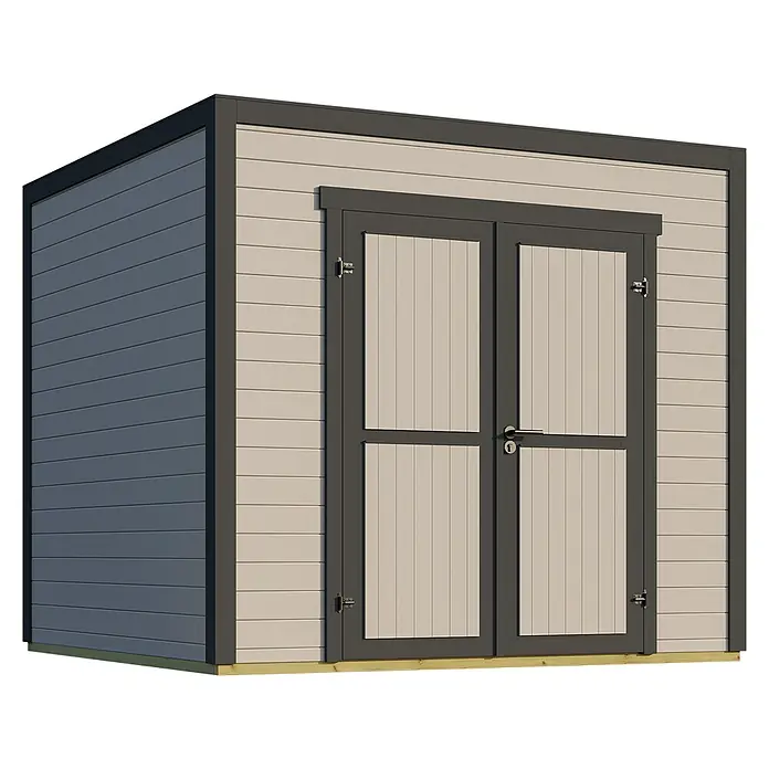 Weka Gerätehaus Batu Stella 2 - Außenmaß inkl. Dachüberstand (B x T): 250 x 257,5 cm, Holz, Hellgrau - Zweifarbiger Gartenhaus mit dunkelgrauem Rahmen und hellbeiger horizontaler Verkleidung, Doppeltüren.