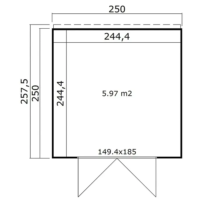 Weka Gerätehaus Batu Nika 2 - Außenmaß inkl. Dachüberstand (B x T): 250 x 257,5 cm, Holz, Naturbelassen - Grundriss mit Maßen und Fläche eines rechteckigen Gebäudes, inklusive Türöffnung.