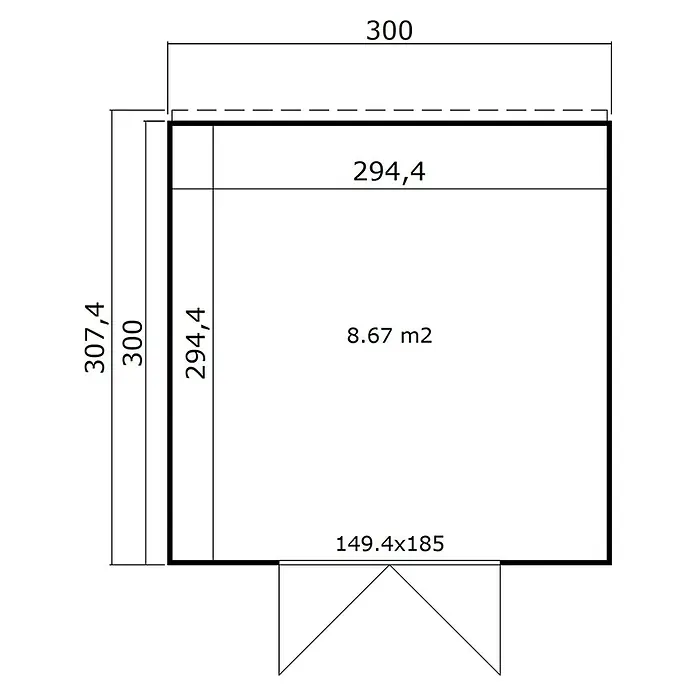 Weka Gerätehaus Batu Stella 3 - Außenmaß inkl. Dachüberstand (B x T): 300 x 304,6 cm, Holz, Dunkelgrau - Grundriss mit Außenmaßen 300x307,4, Innenmaßen 294,4x294,4, Fläche 8,67 m² und Tür 149,4x185.