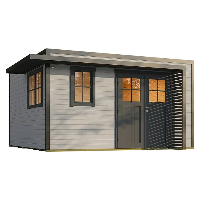 Weka Gartenhaus Pure Garden Amberley - Außenmaß inkl. Dachüberstand (B x T): 450 x 455 cm, Holz, Grau/Anthrazit, Mit Fenster - Moderner hellgrauer Geräteschuppen mit dunkelgrauen Akzenten, horizontaler Verkleidung, Fenstern und Doppeltür, auf Holzbalken.