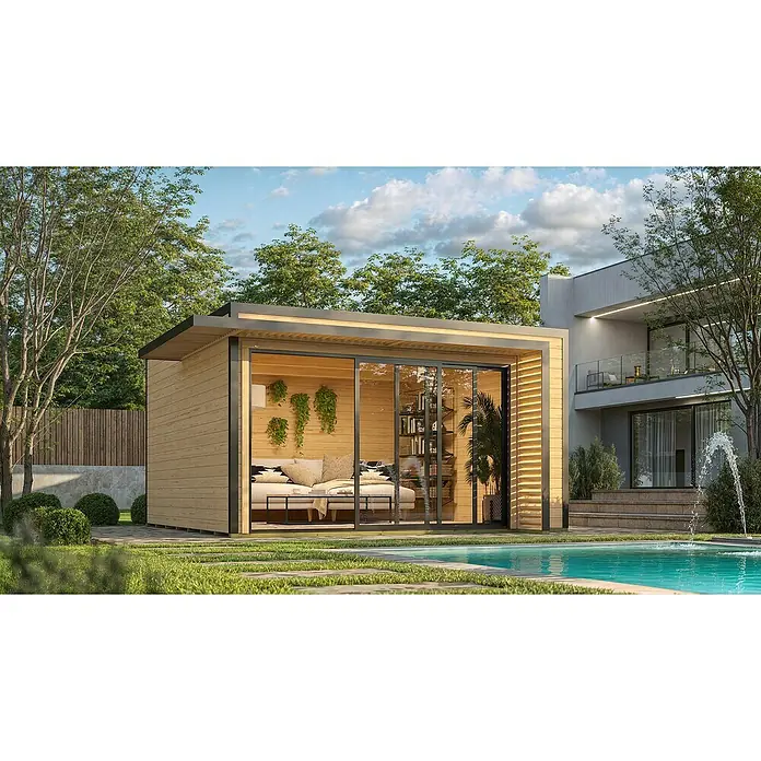 Weka Gartenhaus Pure Garden Amberley - Außenmaß inkl. Dachüberstand (B x T): 450 x 455 cm, Holz, Naturbelassen, Ohne zusätzliches Fenster - Moderner Gartenraum aus Holz mit Glasschiebetüren und schwarzem Rahmen, am Pool gelegen, ideal als Wohn- oder Büroraum im Freien.