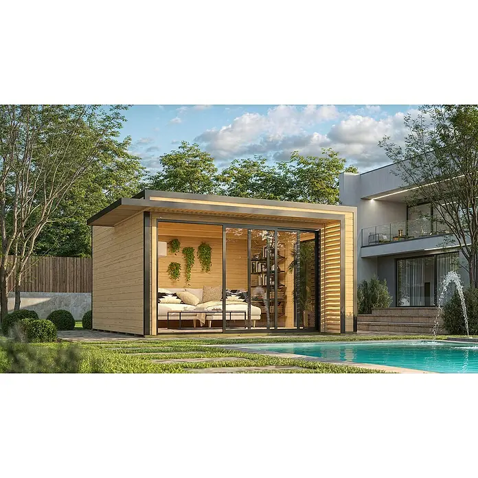 Weka Gartenhaus Pure Garden Amberley - Außenmaß inkl. Dachüberstand (B x T): 450 x 455 cm, Holz, Naturbelassen, Mit zusätzlichem Fenster - Moderner Holzgartenraum mit großen Glastüren, der als vielseitiger Wohnraum am Pool in einem üppigen Garten dient.