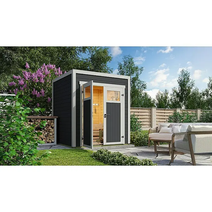 Weka Gerätehaus Batu Nika 1 - Außenmaß inkl. Dachüberstand (B x T): 200 x 207,4 cm, Holz, Dunkelgrau - Dunkelgrauer und weißer moderner Gartenschuppen mit offener Tür, der einen Holzinnenraum in einem Garten neben einer Terrasse zeigt.
