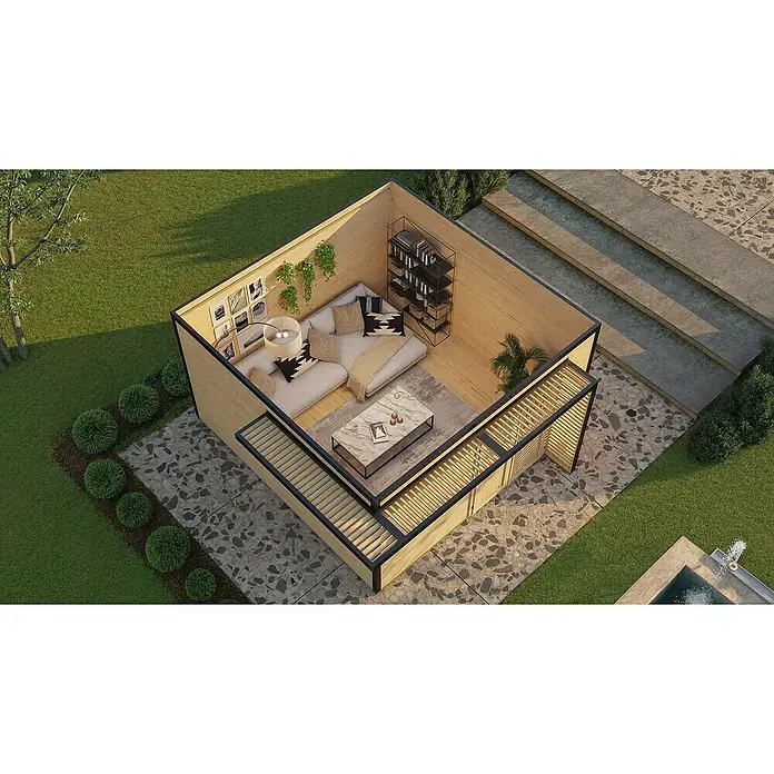 Weka Gartenhaus Pure Garden Amberley - Außenmaß inkl. Dachüberstand (B x T): 450 x 455 cm, Holz, Grau/Weiß, Mit Fenster - Moderner Gartenraum aus hellem Holz mit schwarzem Rahmen, möbliert mit Sofa, Regal und Pflanzen, in grünem Garten mit Steinstufen.